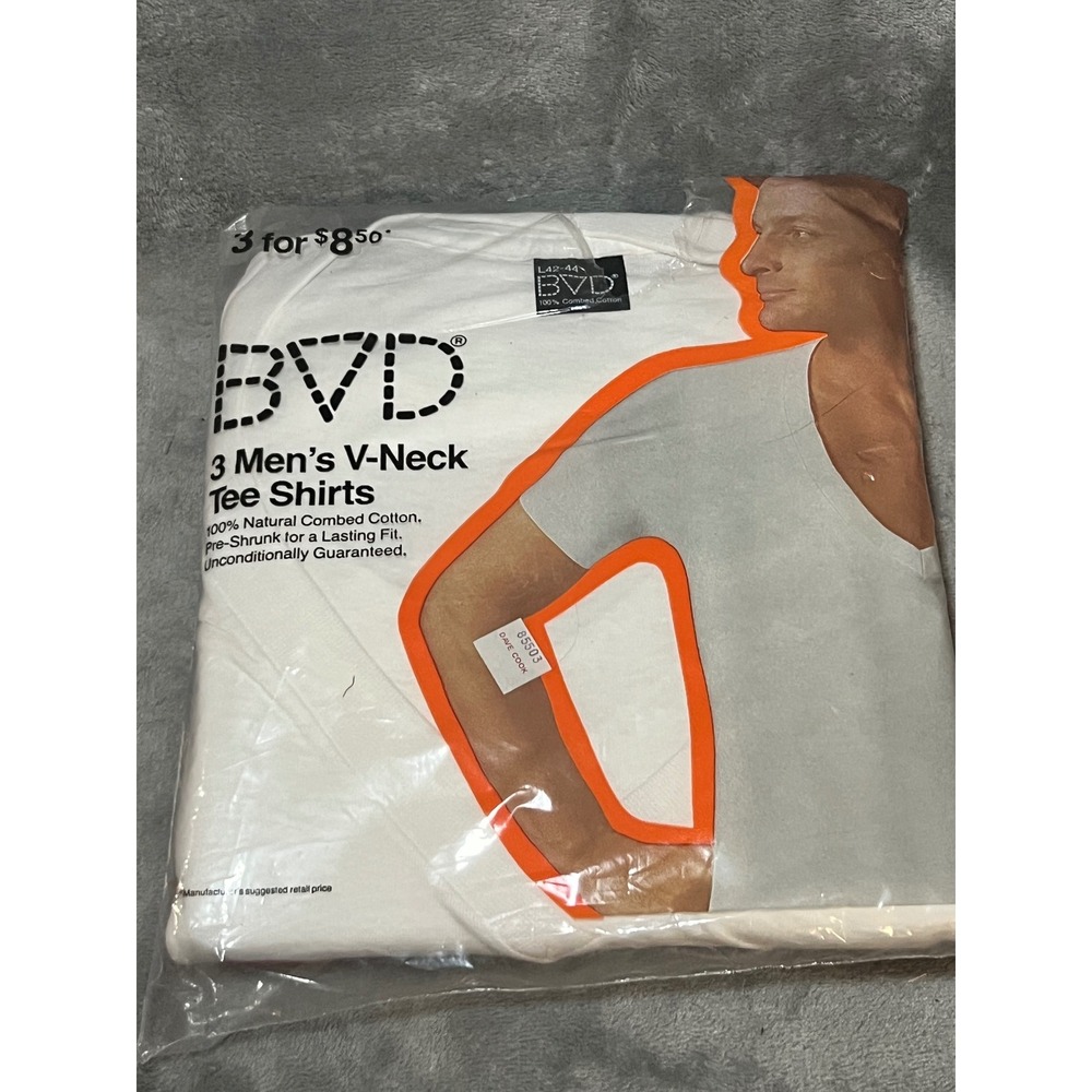 Vintage BVD V Neck T Shirts 3 Pack Size 42-44 White‎ NOS 1979 USA Tear Pack